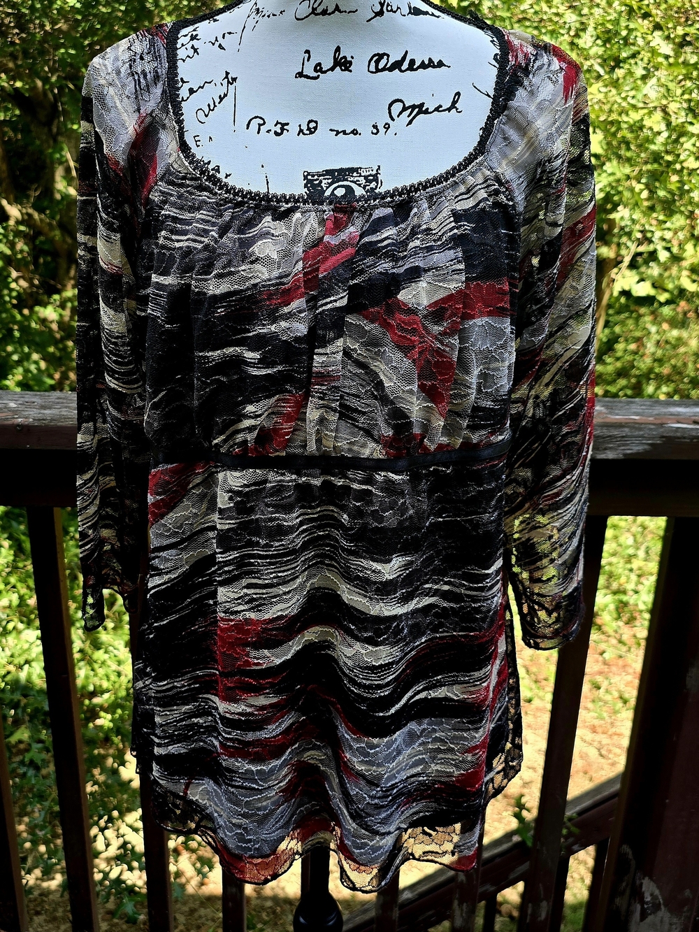 Lane Bryant Sheer Wave-Print Lace Tunic in Black, Red, and Cream